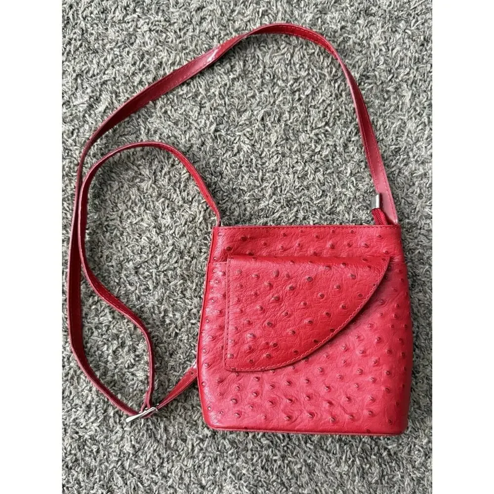 Red Ostrich Leather Crossbody‎ Bag Textured Small Shoulder Purse Zip Top Pocket